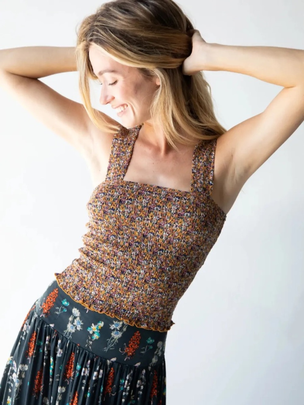 Natural Life Floral Noelle Smocked Square-Neck Tank Top Size M Cottagecore